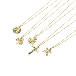 Set of gold clover and heart pendant necklaces with hammer texture and colored zircons
