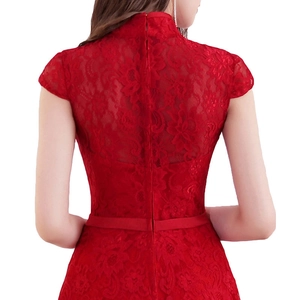 Elegant red lace evening gown with a high mandarin collar and open back detail