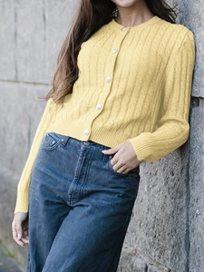 Women's casual long sleeve knitted cardigan in yellow with front button closure
