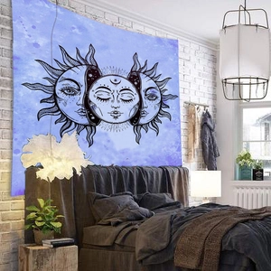 Celestial sun and moon tapestry with blue and purple watercolor wash for wall decor