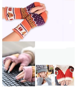 Detail view of multicolored knit fingerless gloves with floral patterns and plush lining