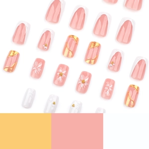 3D sunflower press on nails with white French tips, pearls and gold wave patterns