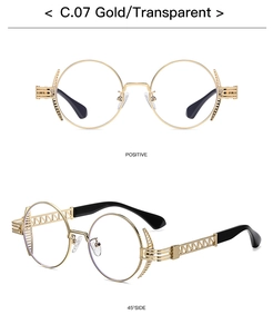 Detail of gold punk sunglasses C.07 with hollow geometric temples and clear lenses