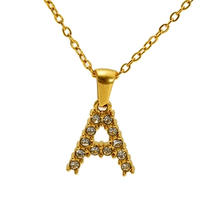 Gold letter A pendant necklace with sparkling white zircons on a clean white background