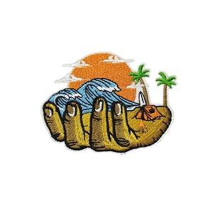 Embroidered camping patch featuring tropical beach waves and sunset design for outdoor gear