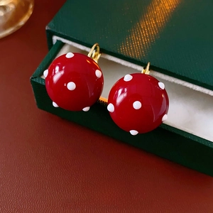 French retro red polka dot ball earrings with gold-plated buckles in a gift box
