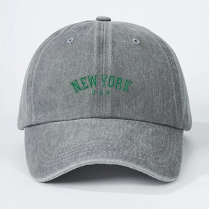 Deep grey washed cotton baseball cap with New York USA embroidery and curved brim