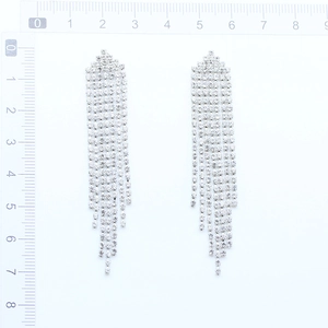 Detail showing length of 7.5cm for these silver fringe earrings with sparkling crystals