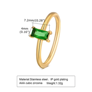 Detail view showing dimensions 7.2mm by 4mm of gold plated emerald cut zircon ring