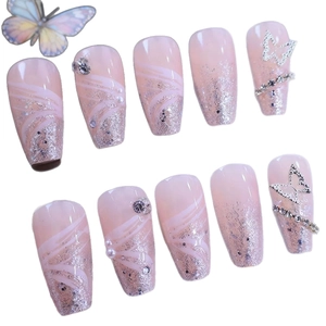 Pink long ballerina press-on nails with silver glitter, white lines, and 3D butterfly charms