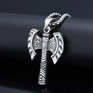 Vintage stainless steel Viking double-sided axe pendant necklace with round box chain