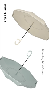 Close-up of C-shaped handle and laser-cut patterns on beige and green umbrellas