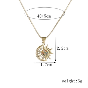 Gold sun and moon pendant necklace with zircons, chain length 40+5cm and weight 6g