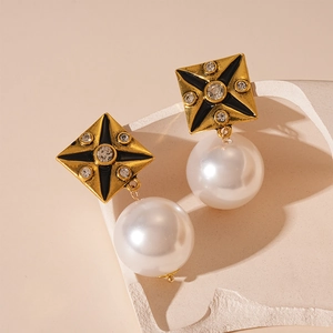 Vintage gold square earrings with black star, shiny crystals and large white pearls