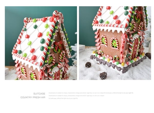 Close-up of lighted Christmas gingerbread house ornament with snow roof and candy details