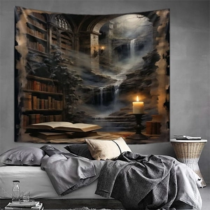 Immersive fantasy library wall tapestry showing waterfalls and candles in bedroom setting