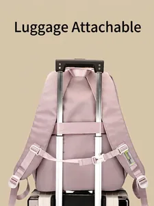 Pink purple nylon ergonomic school backpack with luggage strap for travel and students