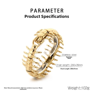 Polished gold stainless steel centipede bracelet with size dimensions 200x35mm
