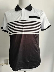 Detail showing the black and white striped texture and collar of the men's polo shirt
