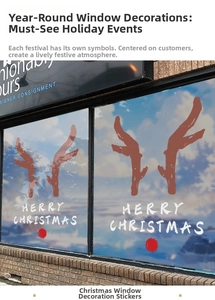 Detail of Christmas window stickers with reindeer antlers and Merry Christmas text