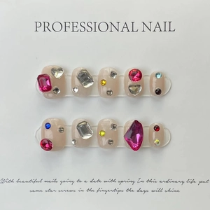 Handmade Press On Nails Nude Pink Base With Colorful Rhinestone Heart Gems Luxury Long Lasting Reusable