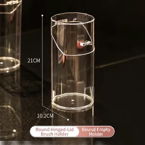 Clear acrylic makeup brush holder with dustproof lid and silver bow detail, 21x10.2cm