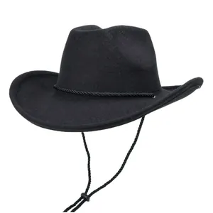 Western Cowboy Hat Wide Brim Wool Felt Retro British Style Fedora For Men Women Adjustable Wind Rope Vintage
