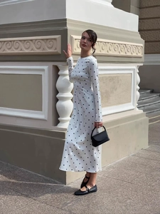 French style white polka dot long sleeve maxi dress with elegant slim fit silhouette