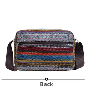 Back view of a bohemian striped canvas shoulder bag with colorful woven patterns