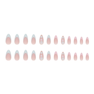 French almond fake nails set with pastel pink and blue floral matte design, 24 pieces