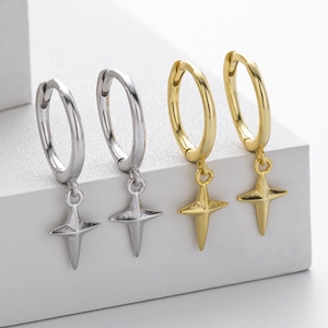 Minimalist S925 sterling silver four-point star drop earrings in silver and gold finish