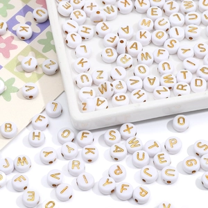 Flat Round Alphabet Letter Beads Acrylic Gold On White For DIY Jewelry Making Bracelet Necklace Craft