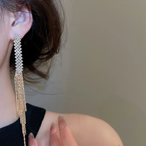 Detail of long tassel rhinestone earrings in gold finish worn by a fashion model