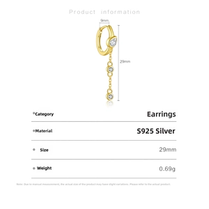 Detailed specs of S925 silver gold tassel earrings with zircon, size 9mm x 29mm