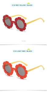 Detail view of flower-shaped kids' sunglasses showing red frames and yellow temples