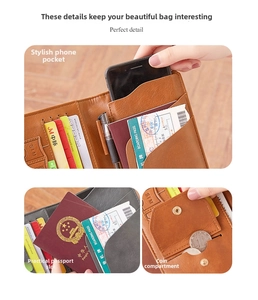 Detail of travel wallet interior showing brown leather slots for passport and phone