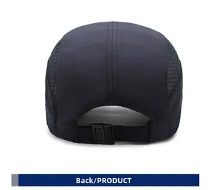 Detail of breathable honeycomb mesh and adjustable buckle on the back of the sport cap