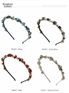 Detail view of thin beaded headbands with colorful crystals in blue, red, and grey tones