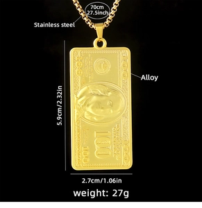 Detailed view of golden 100 dollar bill pendant with 70cm stainless steel chain specs