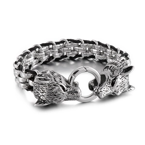 Men Vintage Punk Bracelet With Double Wolf Head Stainless Steel And Braided Rope Ring Buckle Jewelry For Biker