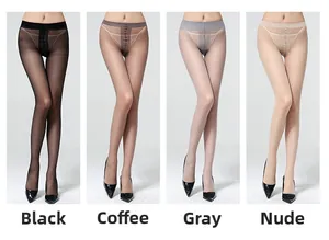 Detailed color comparison of sheer pantyhose in black, coffee, grey, and nude skin tones