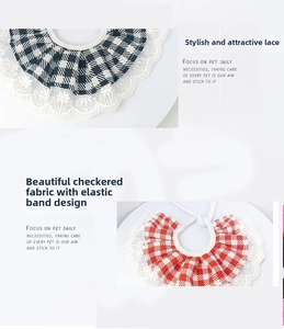 Detail of plaid pet bibs with lace trim in black and red patterns with elastic straps
