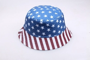 Flat lay of a double-sided bucket hat featuring stars and stripes American flag pattern
