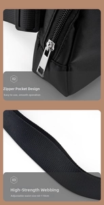 Detail of adjustable waist strap from 60-110cm with metallic zipper on black sports bag