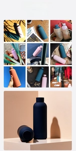 Detail view of double-wall stainless steel vacuum flask in diverse lifestyle settings