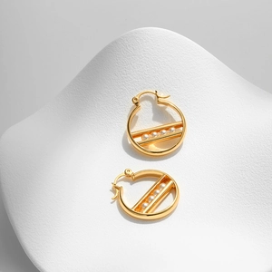 Vintage 18K vergoldete unregelmäßige runde Creolen mit vier weißen Perlen für Damen