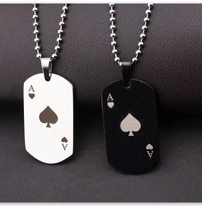 Macro detail of Ace of Spades stainless steel pendant necklaces in black and silver