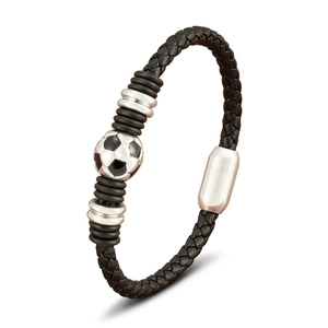 Detail of woven black leather bracelet with silver soccer bead and magnetic clasp