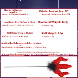 Close-up of a red sequined Halloween trident staff with size and weight dimensions