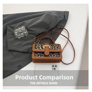 Size comparison of leopard print crossbody bag next to a smartphone on a suit jacket